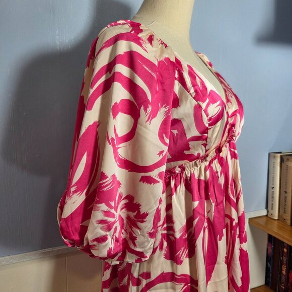 She + Sky Medium Hot Pink White Floral V Neck Balloon Sleeve Knee Length Dress - Picture 4 of 11